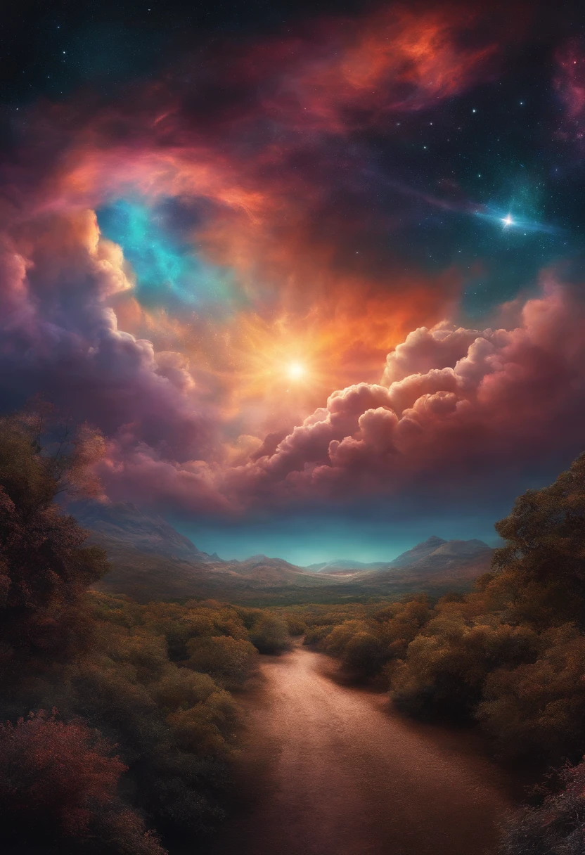 A Digital Painting of Cosmic Clouds in a Universal Sky, No estilo Art Deco Arte Surreal