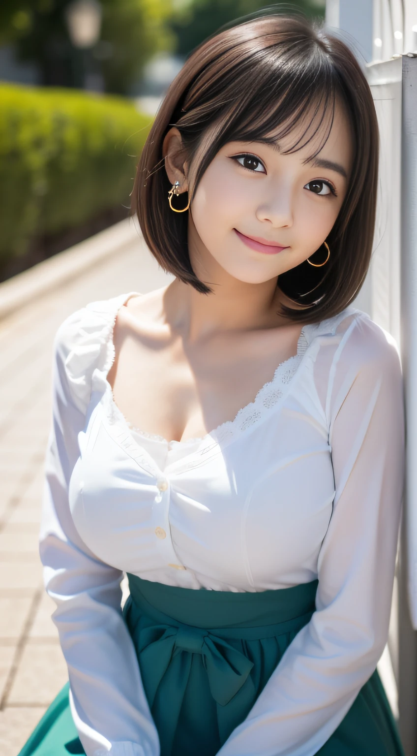 (black long maid cloth:1.3, Long Sleeve Ruffled, White maid apron, White prim head), (sit with hugging your knees:1.3), (full length, whole body, Turn your body to the front), (black hair, , (slim waist and large breasts style, short height:1.2), short bob hair, aqua eyes, blush stickers, one little star earring, lively eyes, younger sister girl, round face, eyebrows downward, light blush, Look at viewers, affectionate cute, cute girl, surreal high school girl, Look at viewers, smile, Hinano Himeno), (Surrealism, natural lighting, depth of field, Nikon, 8k, super detail, masterpiece, high details, anatomically correct, award winning), look at the viewer