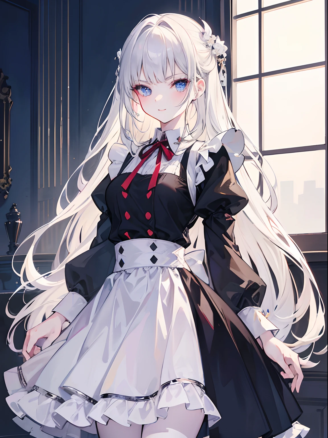 Female vampire, has white/silver hair, has red eyes, masterpiece, perfect eyes, pale skin, wearing Victorian Maid dress, portrait, Gothic boots, stockings, Gothic vampire aesthetic, calm expression, standing, solo, alone, (SOLO)(ALONE)