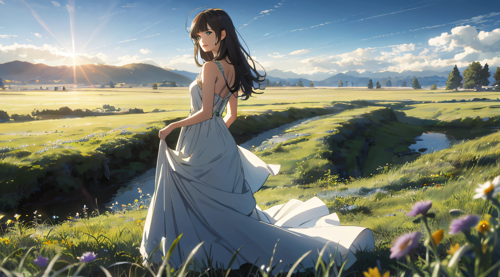 The vast sky, beautiful skyline, large grasslands with flowers, extremely tense and dramatic pictures, moving visual effects, the high-hanging Polaris, and colorful natural light. 1girl, long brown hair, bangs, looking back at camera, soft smile, heterochromic eyes, heterochromia, one blue eye one green eye, white dress, sundress, long flowing dress, silver cross necklace, cross necklace, dynamic shot, high quality, beautiful landscape, ((heterochromia)), ((one green eye, one blue eye, two different eyes,))