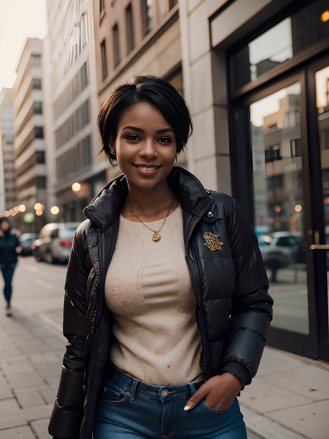 portrait photo of sexy woman in a , (african female,  short black hair tied up, athletic body, medium breasts size, brown eyes, beauty skin: 1.3), (laughing), (masterpiece, best quality, intricate details, highly detailed:1.2), close up photo of a mature woman, (dark skin: 1.5), (winter jacket, jeans:1.2), thighs, sagging breast, slender waist, swanking, in a city, autumn, sunlight, bokeh