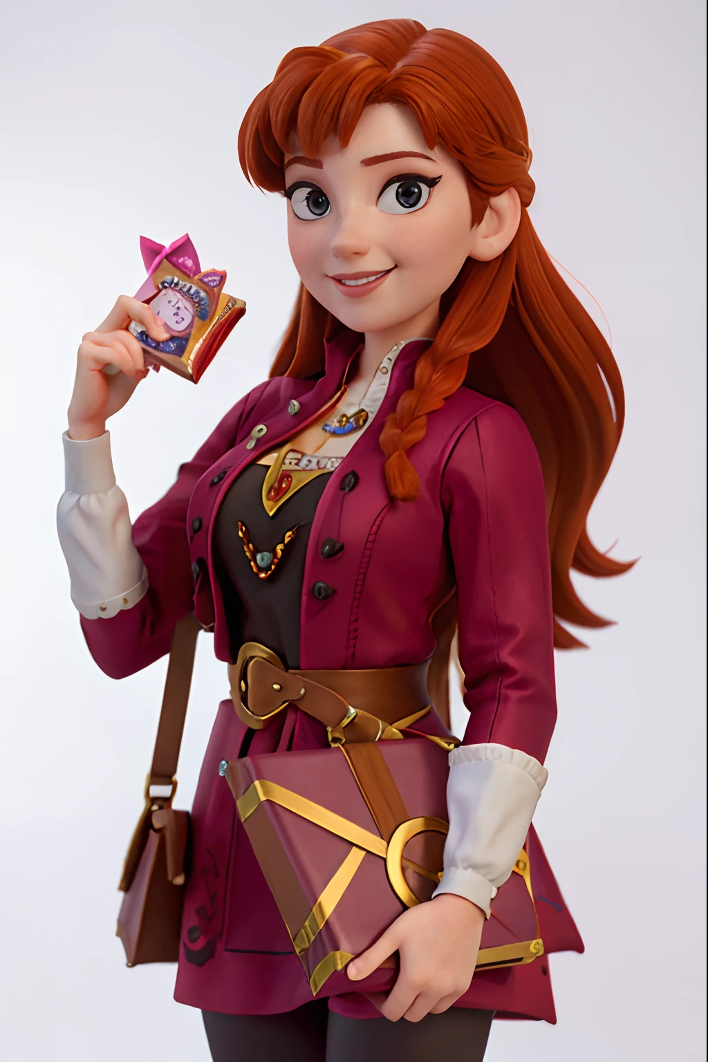 In the center of the scene, a lovely red-haired girl with dark eyes is holding a box of candies in her hands and is smiling. Make sure that the image captures the beauty and mastery of the composition. The resulting image should be a true masterpiece. She was holding a big box of candies in her hands, selling sweets, with the text 'Doces da Bela'.