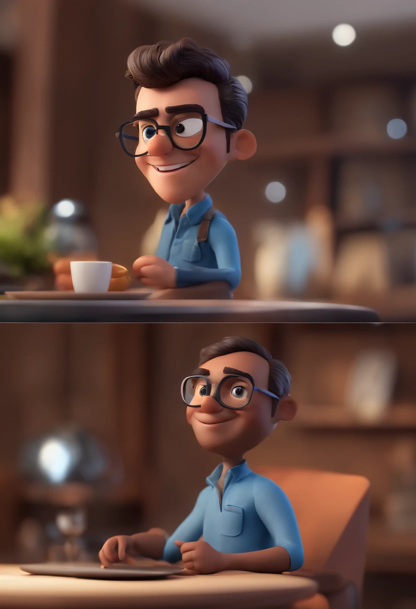 Cartoon character of a man with black glasses and a blue shirt, animation character, Caractere estilizado, animation style rendering, 3D estilizado, Arnold Maya render, 3 d render stylized, toon render keyshot, Personagem 3D, Personagem 3D, 3d rendering stylized, 3 d character render, personagem de desenho animado, Personagem de close up, Pose de personagem, (Estilo Pixar) (master part:1.2) (Bokeh) (best quality) (pele detalhada) (textura detalhada) (8k) (argila) (Cinematic lighting) (foco nítido