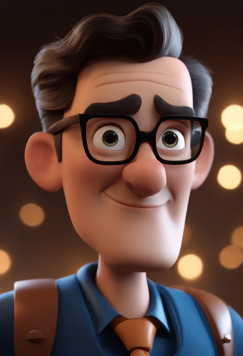 Cartoon character of a man with black glasses and a blue shirt, animation character, Caractere estilizado, animation style rendering, 3D estilizado, Arnold Maya render, 3 d render stylized, toon render keyshot, Personagem 3D, Personagem 3D, 3d rendering stylized, 3 d character render, personagem de desenho animado, Personagem de close up, Pose de personagem,  (Estilo Pixar) (master part:1.2) (Bokeh) (best quality) (pele detalhada) (textura detalhada) (8k) (argila) (Cinematic lighting) (foco nítido