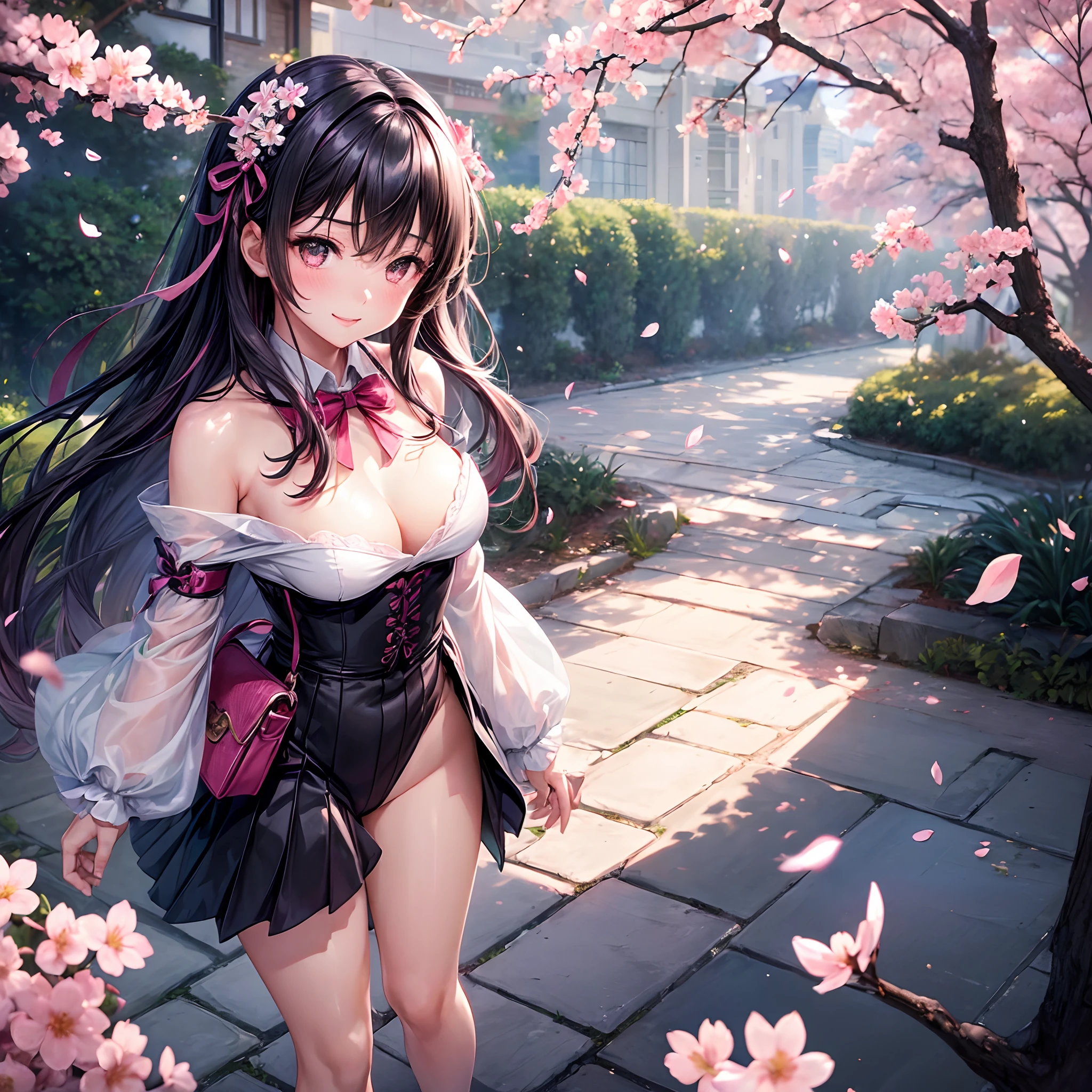 (girl with:1.5),academy，schools，Lace,bow ribbon,(masutepiece,a beauty girl， side lights, Dense beautiful gray eyes: 1.2), medium breasts⁩, Realistic, Glowing eyes,Pink hair，Shiny hair,Black hair,Long long hair, Lustrous skin, Solo, embarrassed from,Strapless,Exquisite,beautifly,a smile，校服，garden,Flowers,Flying petals, Bare legs, cherry blossom, Cinematic Light, girl，Cinematic composition, abundant