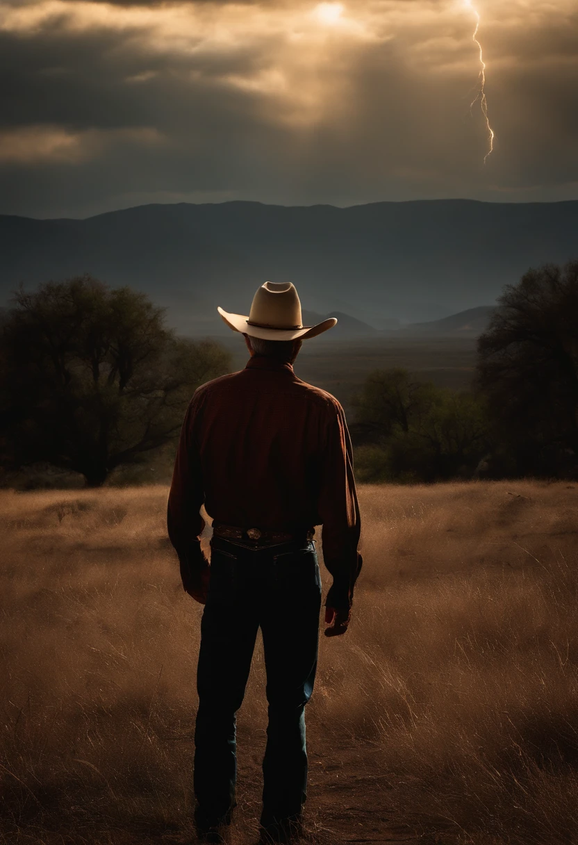 The old cowboy looks up at the sky, Looking at several meteors streaking across the skies leaving a trail of fire, muitos meteoros, que do seu lado tenha um cavalo preto, tom escuro, Shadows Dramatic, ((de baixo))