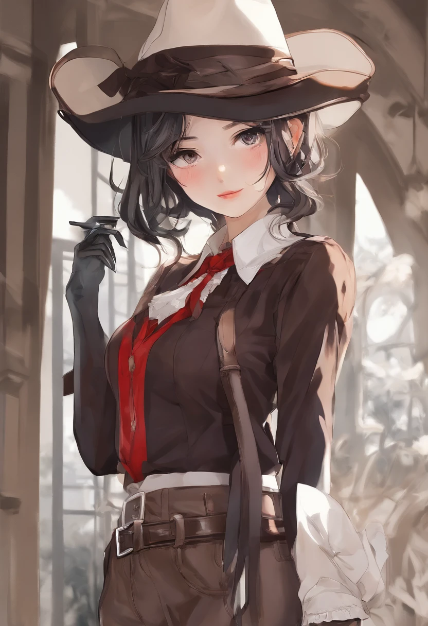 best quality, Ame-chan, master part, 1girl, sozinho, seios pequenos, cowboy shot, suspenders, camisas vermelhas, fita preta