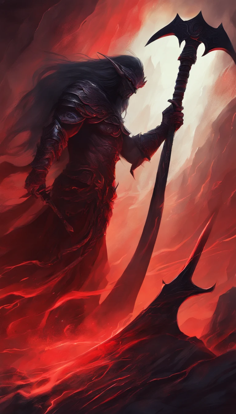 a big legendary black axe with Black light mixed with red,with black mist Black axe with broken red lines, background Hell demon holding axe black demon