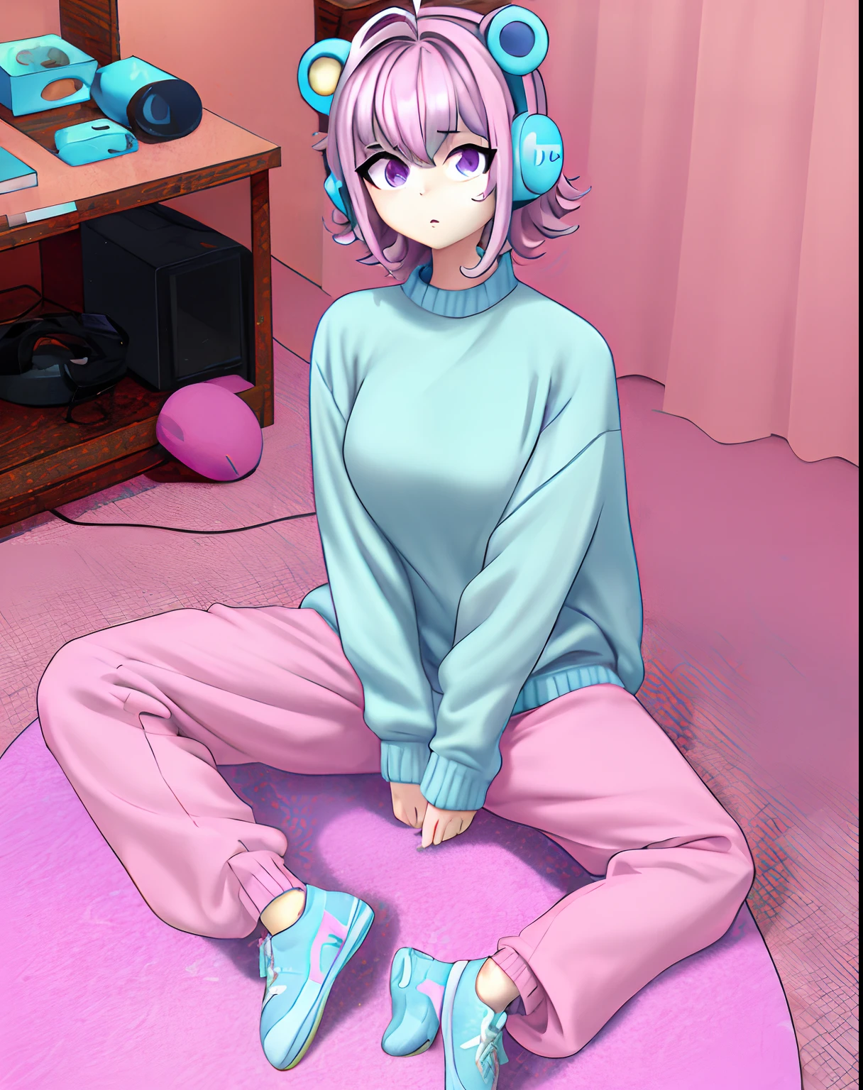 anime girl in a room with a pink carpet and a pink rug, Blue sweater, pastel yellow baggy pants, blue shoes, cyan headphones, bear headphones, pink hair, short hair, unmade hair, curly hair tips, purple eyes, beautiful eyes, white skin, ahoge, !!dynamic angle!!, sitting on her bed, looking at the camera,
