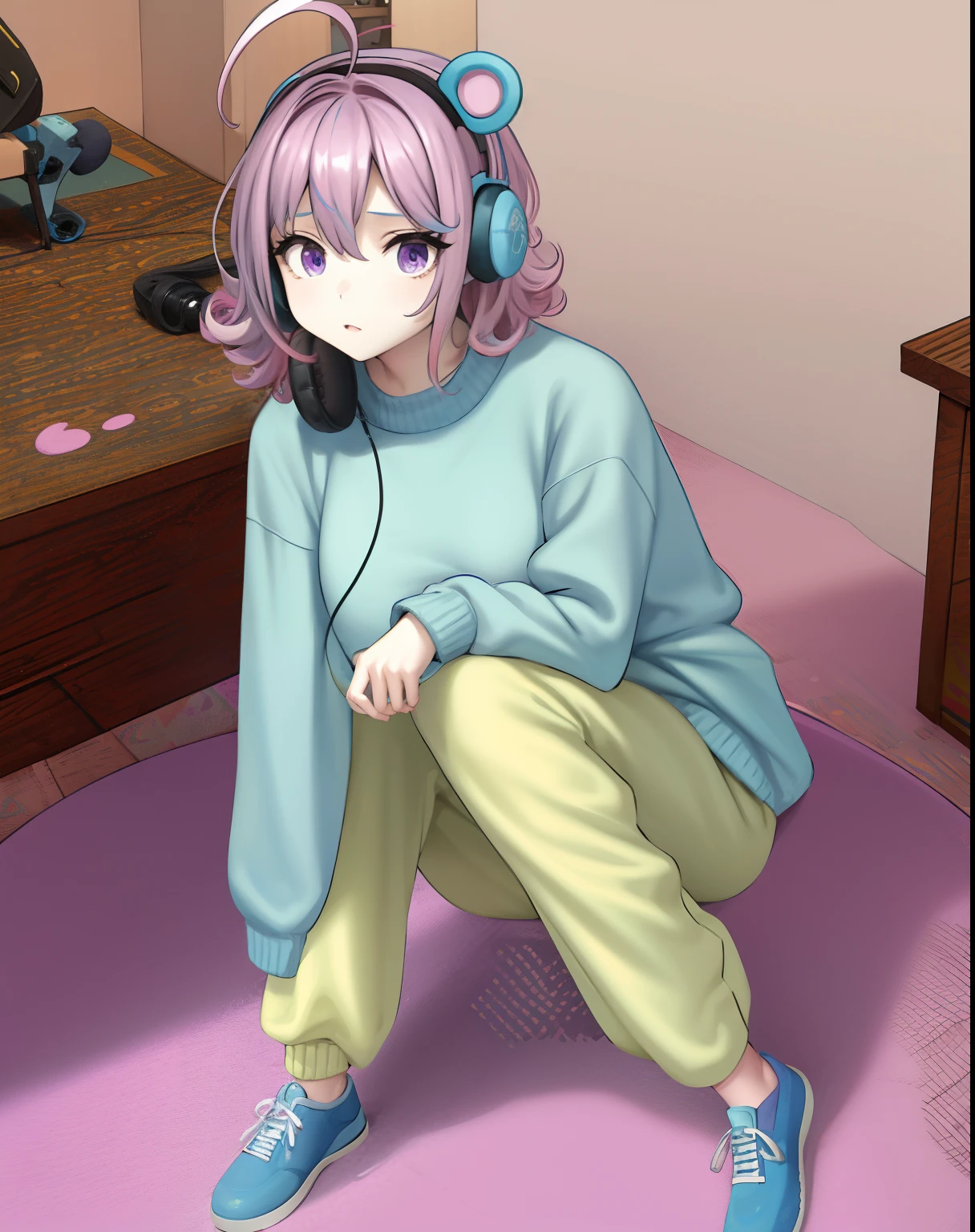 anime girl in a room with a pink carpet and a pink rug, !!full body portrait!!, Blue sweater, pastel yellow baggy pants, blue shoes, cyan headphones, bear headphones, pink hair, short hair, unmade hair, curly hair tips, purple eyes, beautiful eyes, white skin, ahoge, dynamic angle, sitting on her bed, looking at the camera