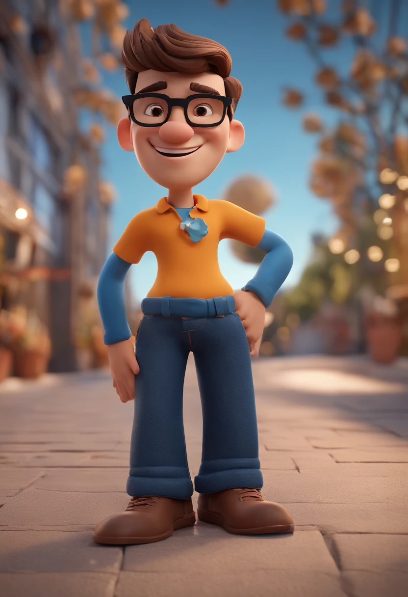 Cartoon character of a man wearing black glasses and a blue shirt, um personagem animado, Caractere estilizado, animation style rendering, 3D estilizado, Arnold Maya render, 3 d render stylized, toon render keyshot, Personagem 3D, Personagem 3D, 3d rendering stylized, 3 d character render, personagem de desenho animado, Personagem de close up, Pose de personagem, (Estilo Pixar) (master part:1.2) (Bokeh) (best quality) (pele detalhada) (textura detalhada) (8k) (argila) (Cinematic lighting) (foco nítido,Senta e vaza a parte superior do corpo