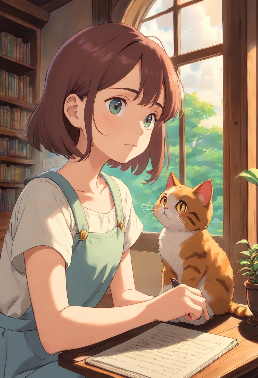 A girl studying with a round-eyed cute cat, close window.