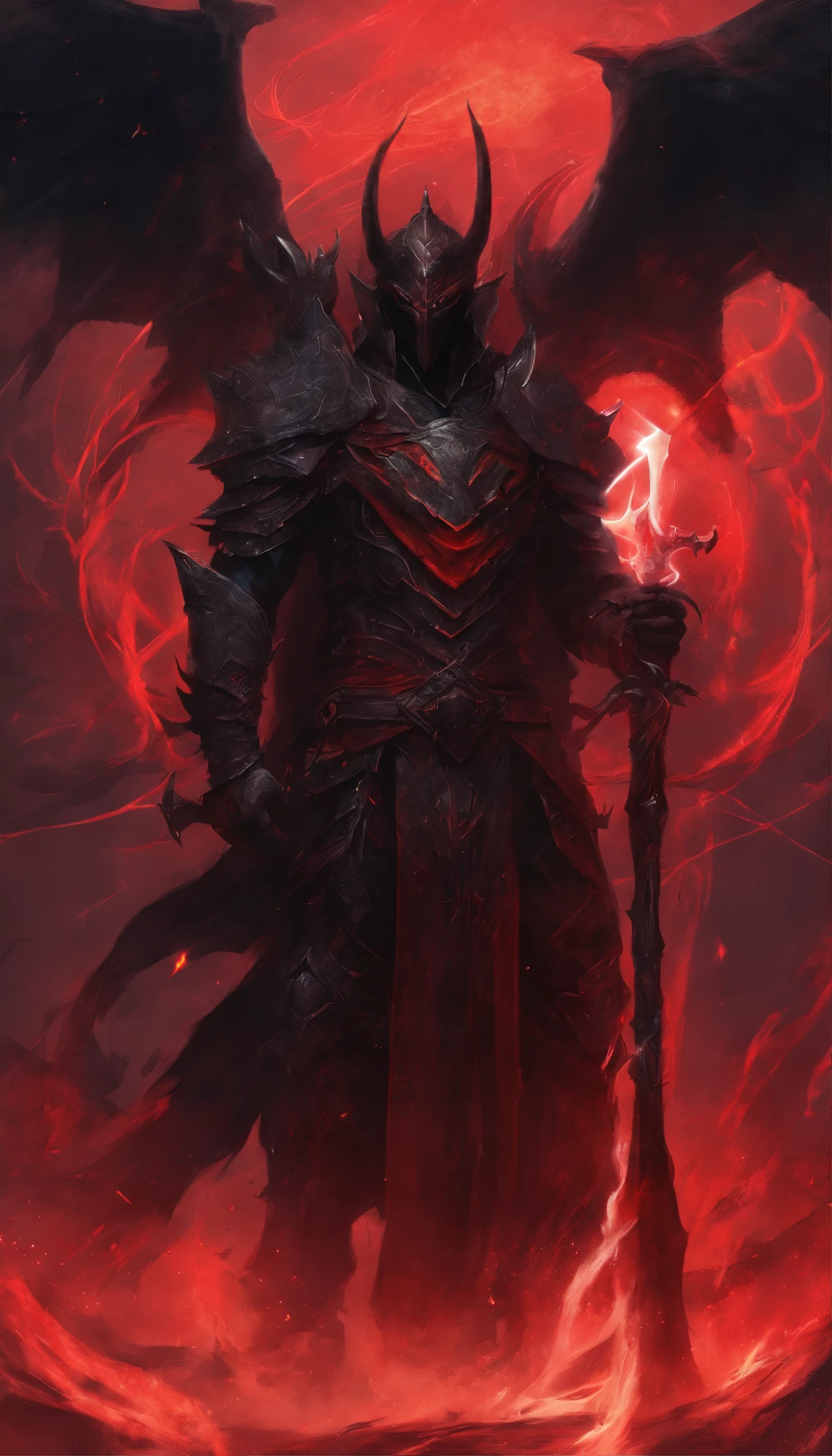 a big legendary black axe with Black light mixed with red,with black mist Black axe with broken red lines, background Hell demon holding axe black demon