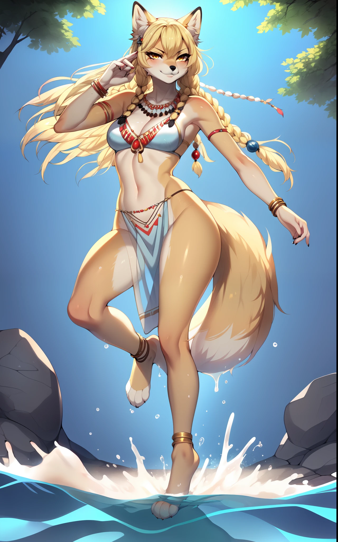 Solo, Kimiko, yellow eyes, tan fox, blonde hair, blonde fox tail, barefoot, 4 toes, tribal hair accessories, wearing skimpy oceanic tribal outfit and accessories, ankle bracelet, Simple background, standing in a body of water, twirling, seductive , perfect hands, 5 fingers, open palm hands, magic blue water swirling around her body, water splashing everywhere, serious face, smiling, furrowed eyebrows, Dynamic pose, By gudlmok99