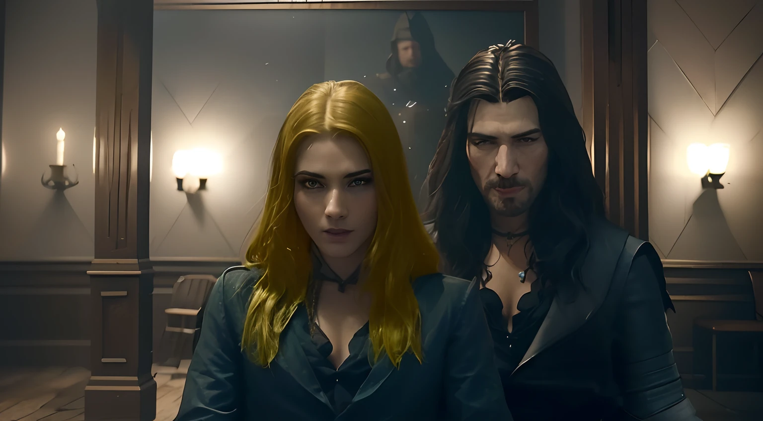 there are two people sitting in a room with a table, from witcher (2021), yennefer, video game screenshot>, edmund blair and charlie bowater, 2020 video game screenshot, ps5 cinematic screen capture, the witcher, anor londo, witcher)), yennefer of vengerberg, ps 4 in - game cinematic