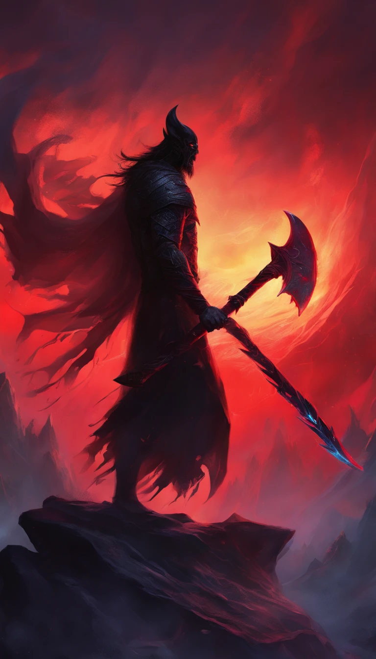 a big legendary black axe with Black light mixed with red,with black mist Black axe with broken red lines, background Hell demon holding axe black demon