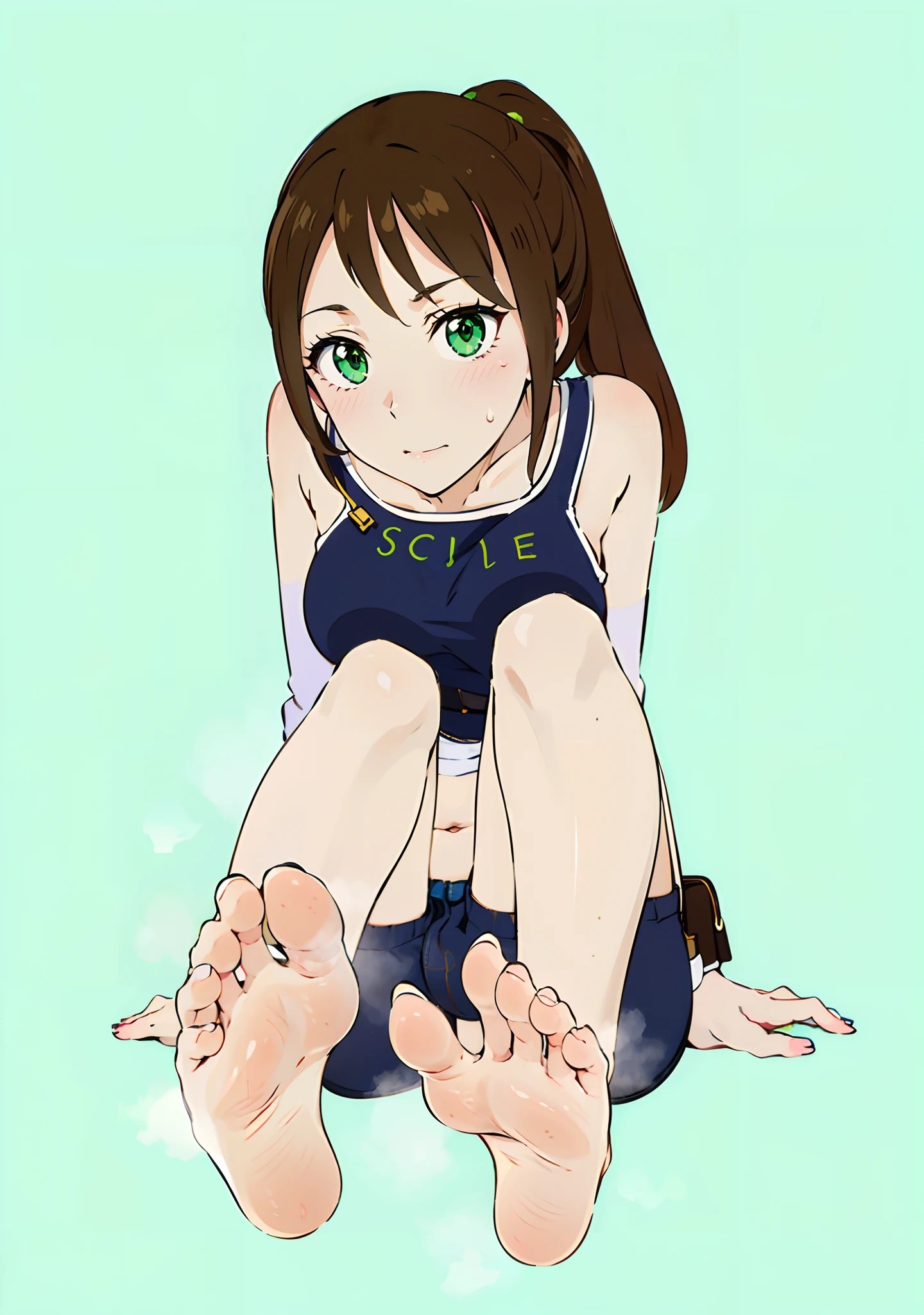 (masutepiece:1.1), (high resolusion:1.2), (Illustration:1.05), (ultra detailed 8k art:1.05), (finely detailed beautiful eye), Perfect face, Bright pupils, Lustrous skin, hayami_Sena ,Green eyes, , Black_Belt bag, Green_Capelet, Green_Jacket, white_Shorts,, Long sleeves, fullllbody, blushed, Looking at Viewer, sole, Barefoot soles、poneyTail、Smelly、5 toes、Sole Focus、Open your toes、Bare legged、bare-legged、Brown hair、Sena Hayami、Stuffiness on the soles of the feet、Sweaty feet,  Close-up of the soles of the feet，Exposing the soles of the feet