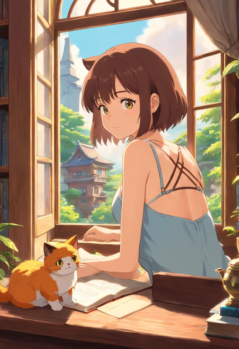 A girl wearing bra, studying with a round-eyed cute cat, close window.