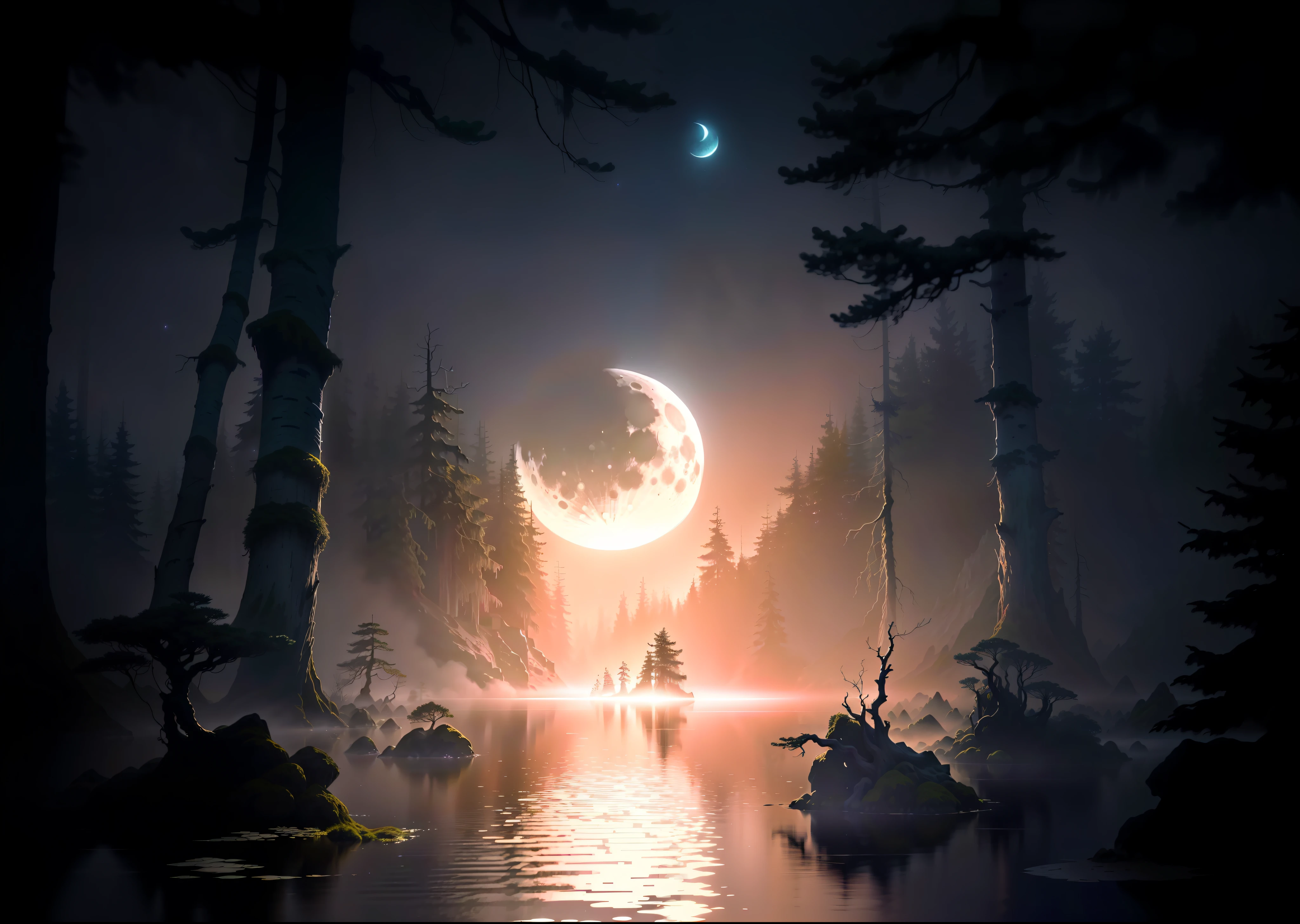 there is a picture of a moon that is in the sky, mystical forest lagoon, moonlit forest environment, moonlit backdrop, forest and moon, moonlit forest, mystical scene, big moon above the water, an image of a moonlit forest, magical forest backround, artistic swamp with mystic fog, moonlit night dreamy atmosphere, mystical setting, eerie luminosity