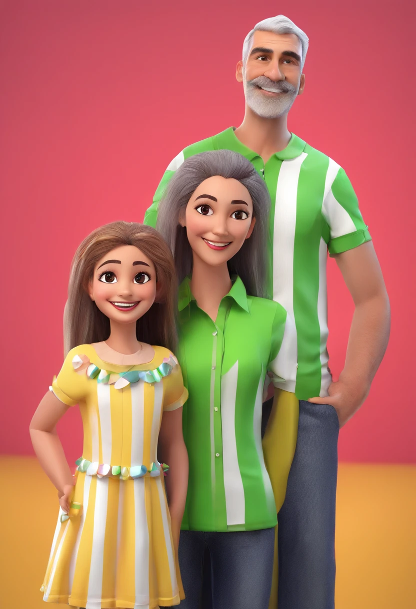 Family having fun at a samba musical show, tall man wearing a green and white striped blouse with slightly gray hair, woman with long straight red hair, pink blouse and 3-year-old child on her father's shoulder, wearing a yellow t-shirt and pants gray