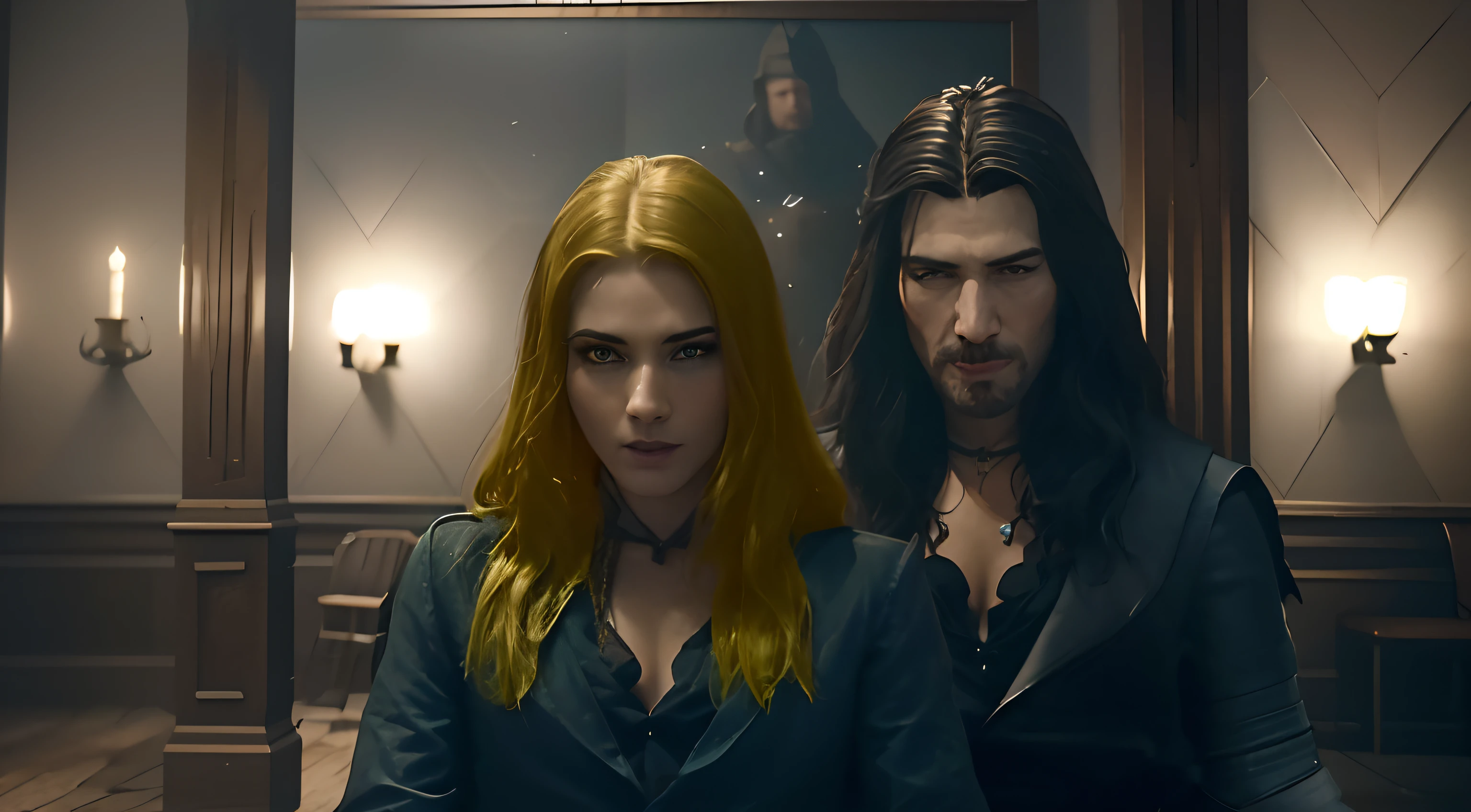 there are two people sitting in a room with a table, from witcher (2021), yennefer, video game screenshot>, edmund blair and charlie bowater, 2020 video game screenshot, ps5 cinematic screen capture, the witcher, anor londo, witcher)), yennefer of vengerberg, ps 4 in - game cinematic