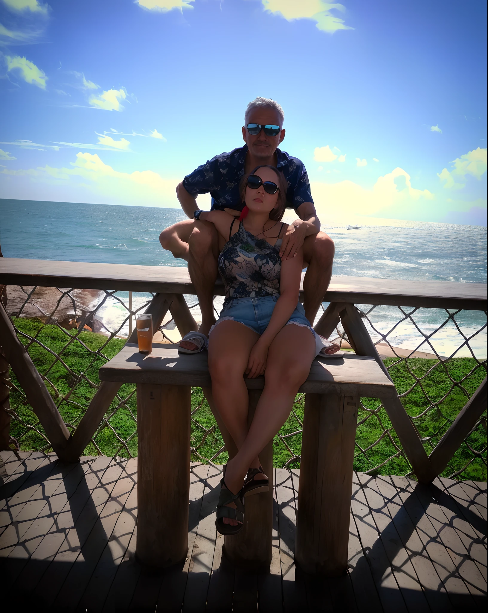 There's a man and a woman sitting on a bench by the sea, O oceano ao fundo,