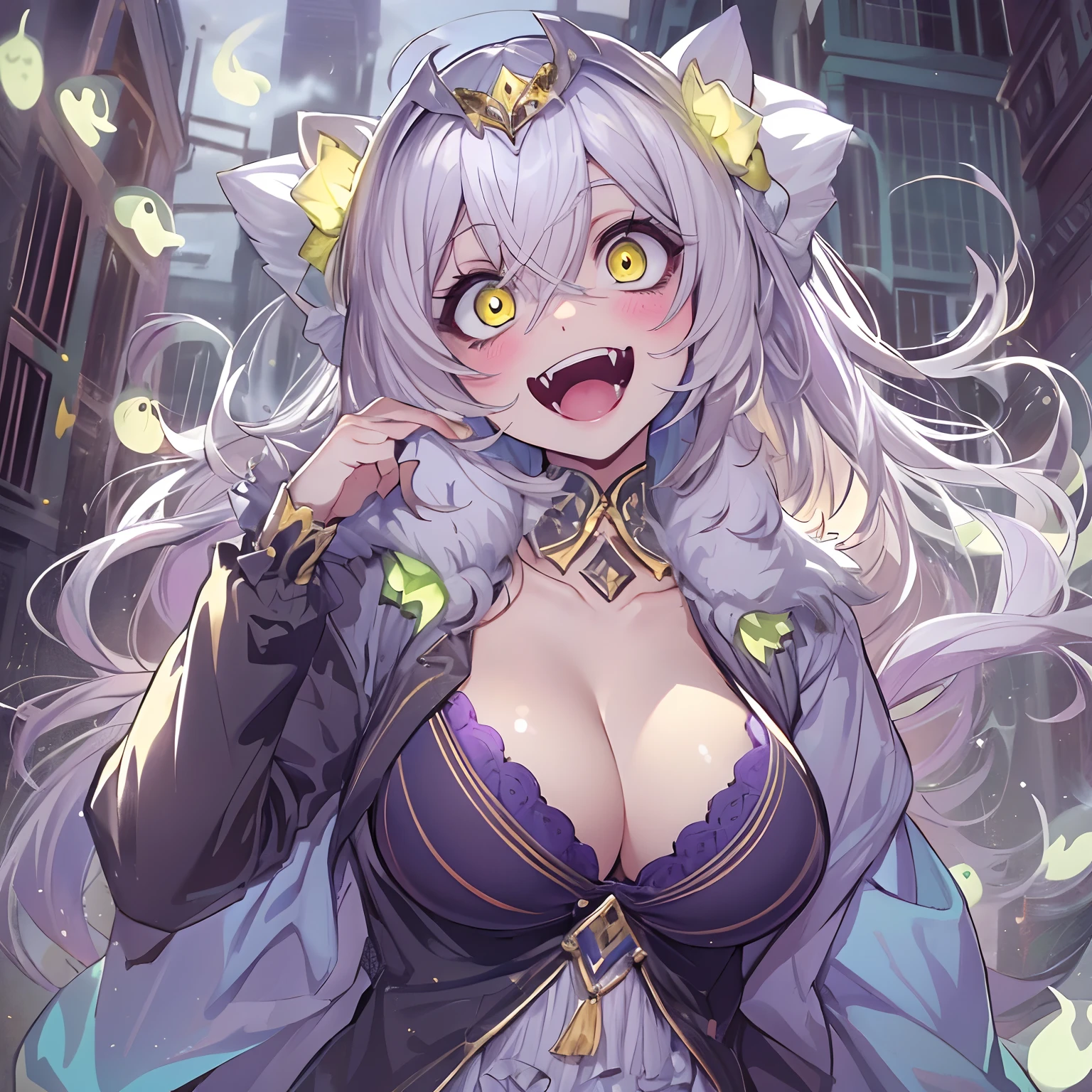 (((Masterpiece))), (((Best Quality: 1.4))), ((Super Detail: 1.4)) , adorable, innocent, yellow glowing eyes, highly detailed clothes, fangs, smiling, random hair style, random pose, blush, adult, big boobs, white hair, ((bags under eyes)), purple outfit, ghost,bags under eyes, ((ghost)),