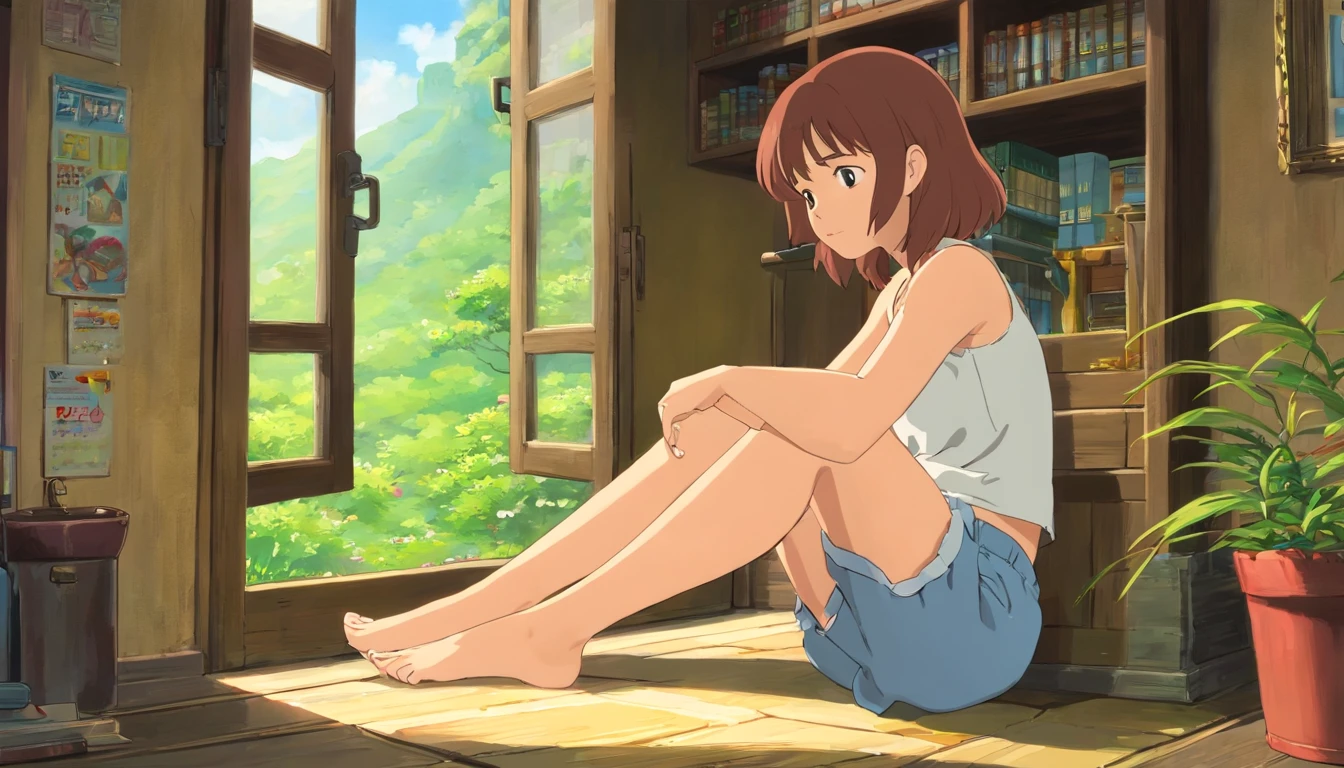 woman, sitting, shorts, tank top, bare feet, studying in close window