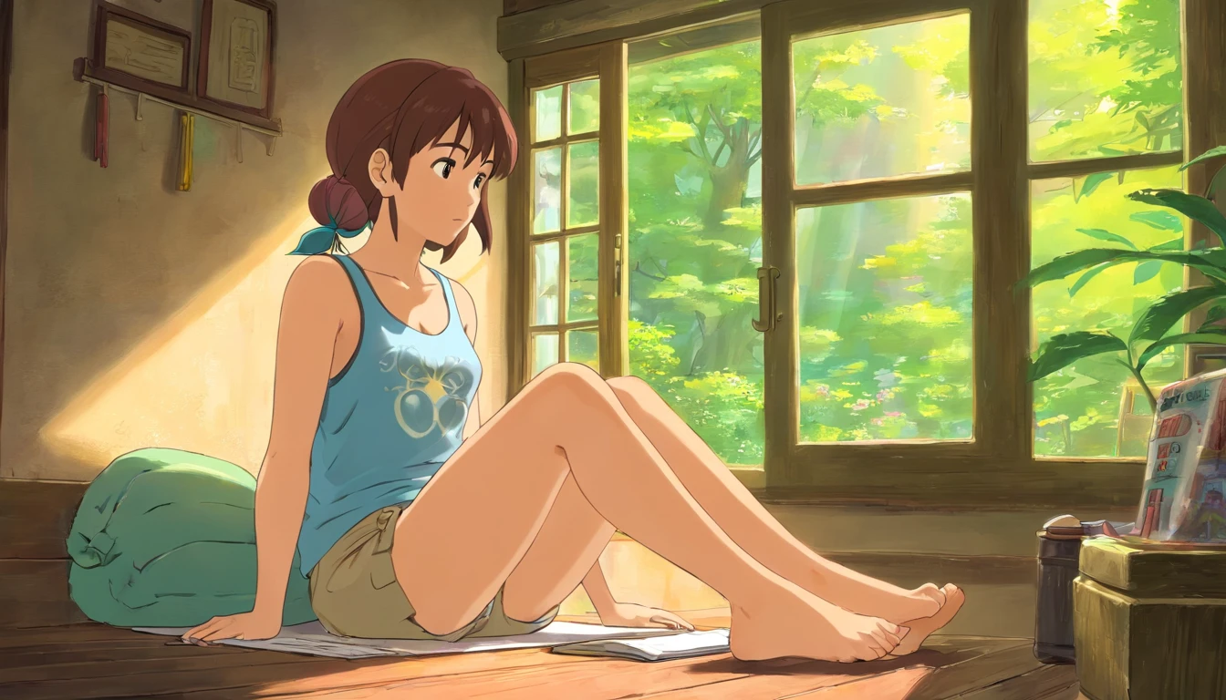 woman, sitting, shorts, tank top, bare feet, studying in close window