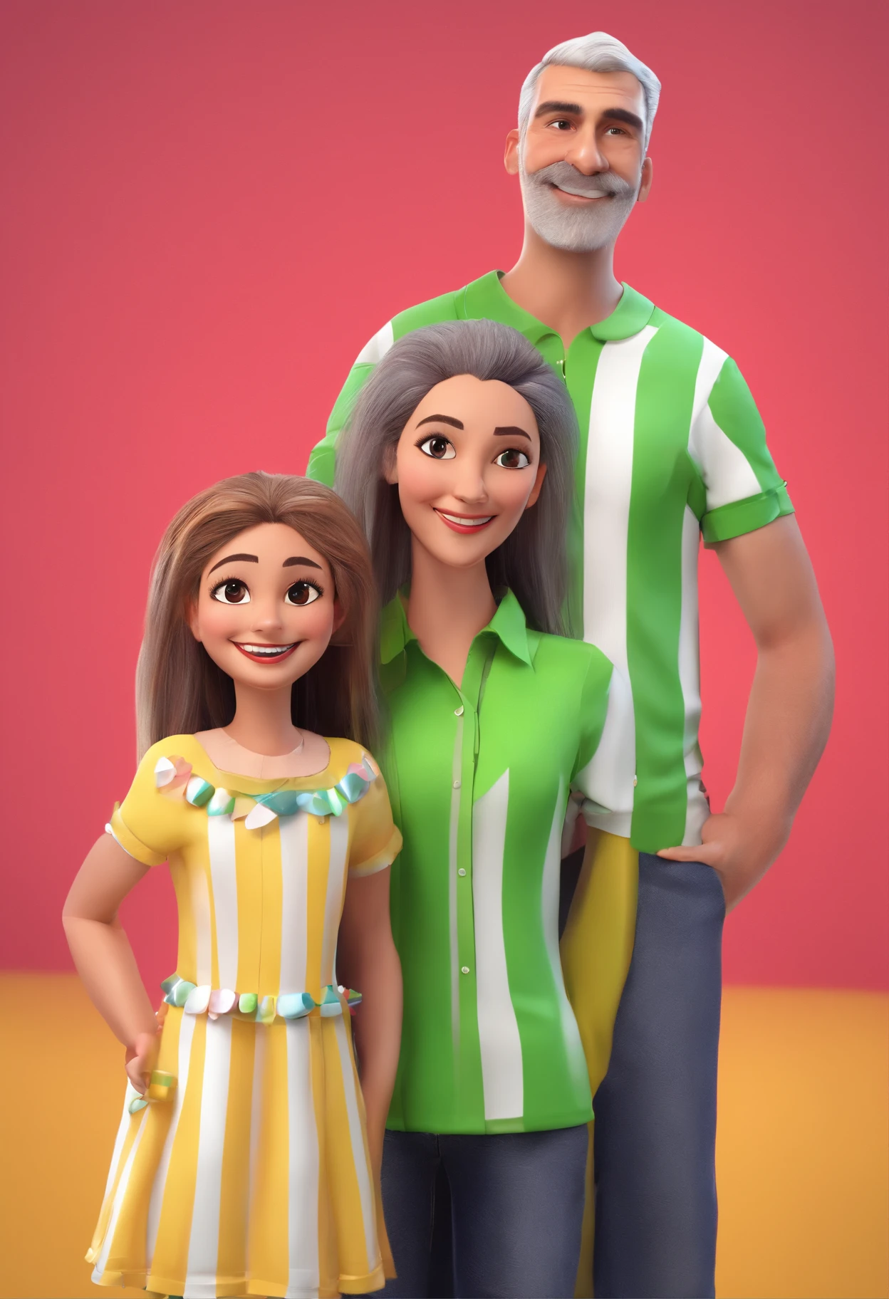 Family having fun at a samba musical show, tall man wearing a green and white striped blouse with slightly gray hair, woman with long straight red hair, pink blouse and 3-year-old child on her father's shoulder, wearing a yellow t-shirt and pants gray