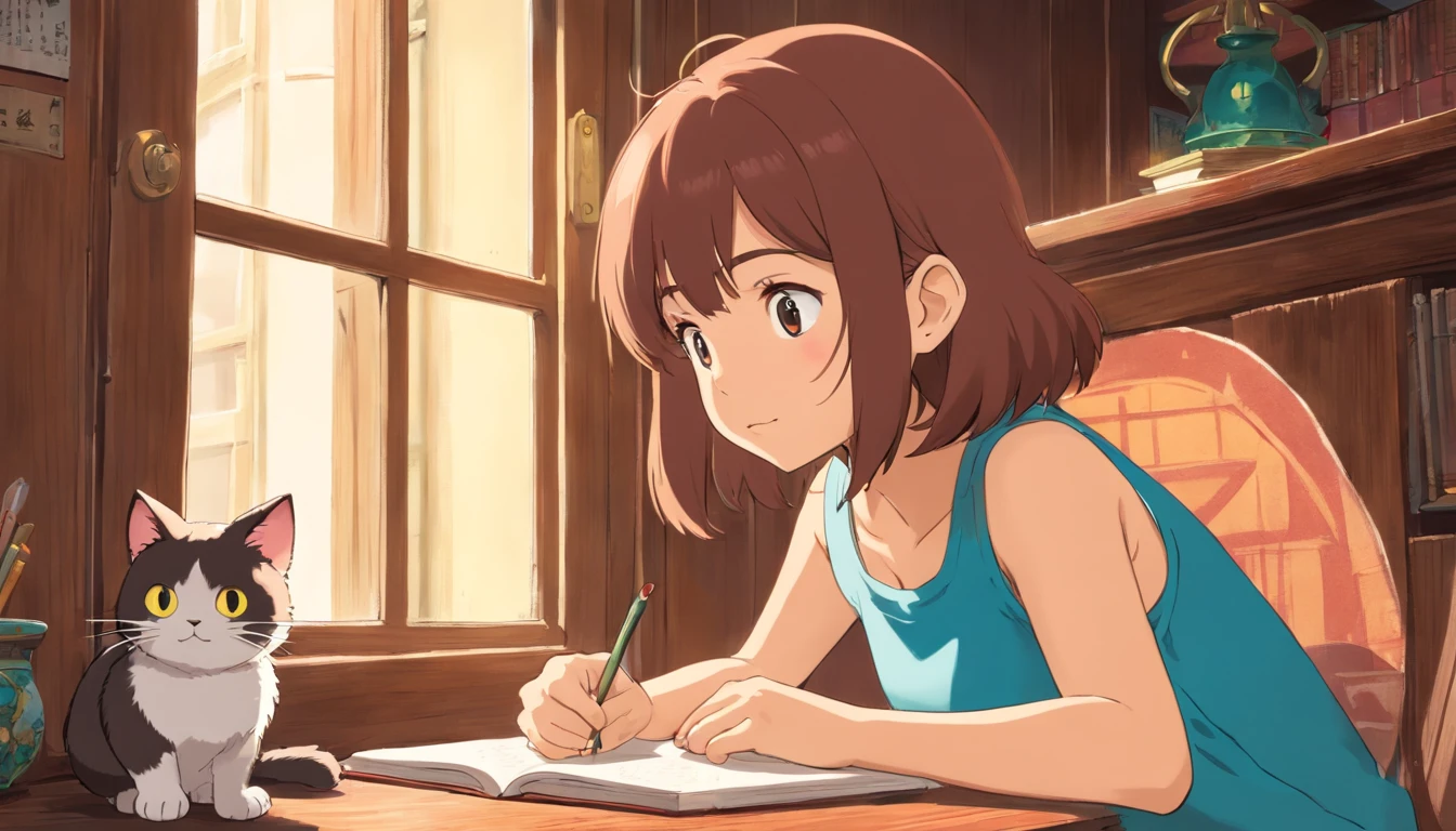 A girl wearing tank top, studying with a round-eyed cute cat, close window.