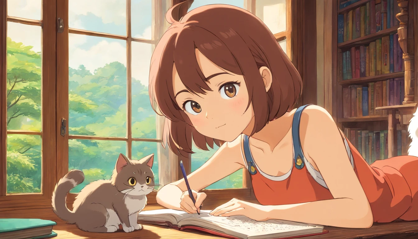 A girl wearing tank top, studying with a round-eyed cute cat, close window.
