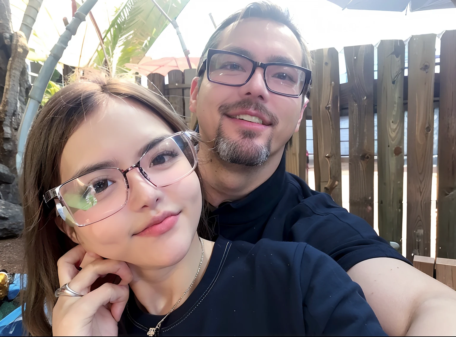 they are sitting under an umbrella outside in the sun, imagem de perfil, holiday photography, Rear photograph, retrato de casais, com nerd! glasses! e cavanhaque, Casal feliz, retrato de casal, Fotografia tirada em 2 0 2 0, fotografia retrato, Directed by: Nandor Soldier, with nerdy glasses and goatee, with glasses and goatee, fotografia