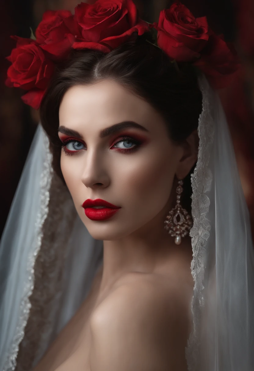 master part, extremely high quality, (foco solo), (rosto perfeito:1.1), (High detail:1.1), (olhos hiper detalhados), Dramatic, 1 cara, (pale skin), longos cabelos loiros, (red irises), Foco individual, Vampiro, cabelos longos, lua, Noite, Terno de luxo vermelho, pouty lips, castelo, Antecedentes detalhados, Arte por Artgerm, Cinematic lighting, rosas vermelhas, moda