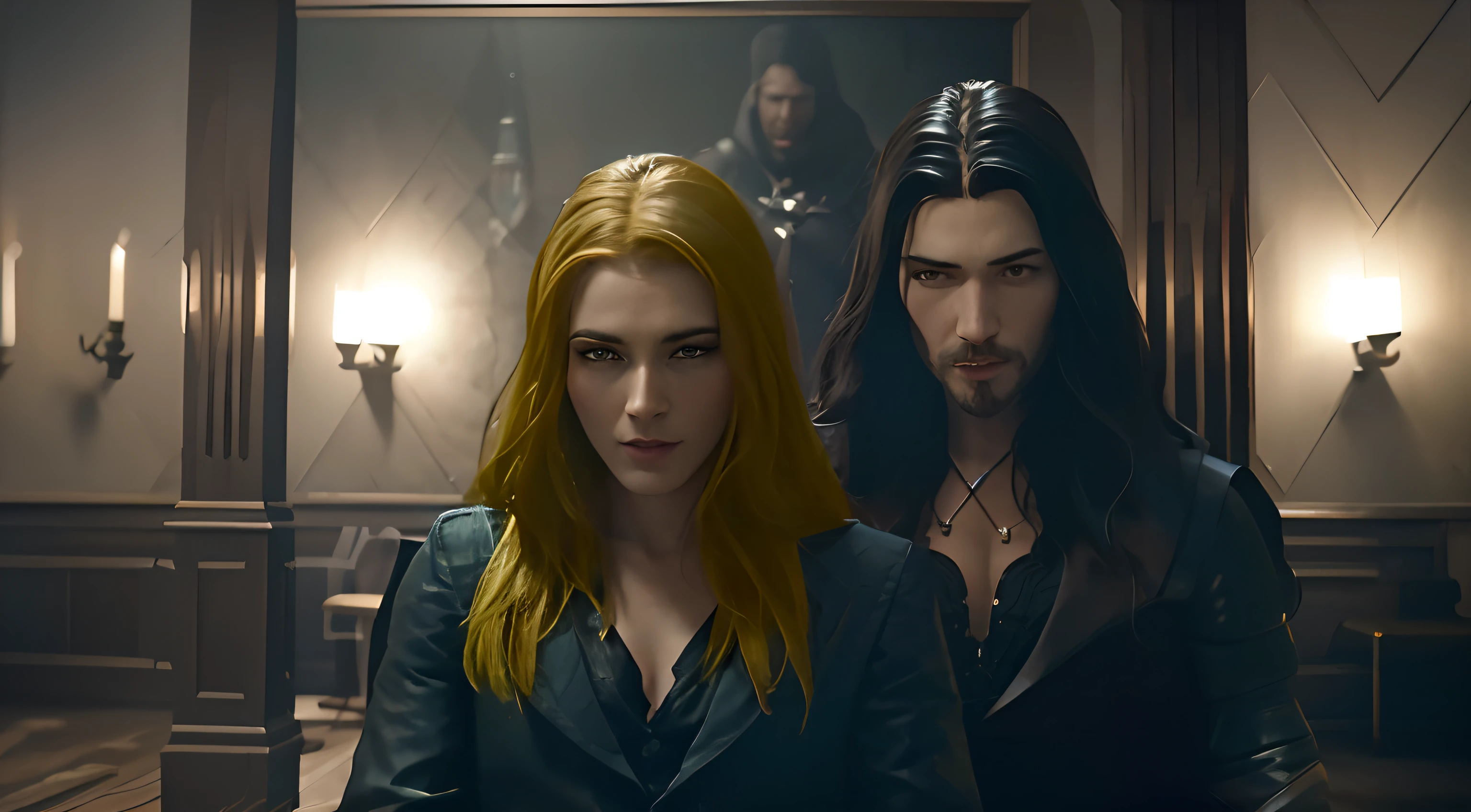 there are two people sitting in a room with a table, from witcher (2021), yennefer, video game screenshot>, edmund blair and charlie bowater, 2020 video game screenshot, ps5 cinematic screen capture, the witcher, anor londo, witcher)), yennefer of vengerberg, ps 4 in - game cinematic