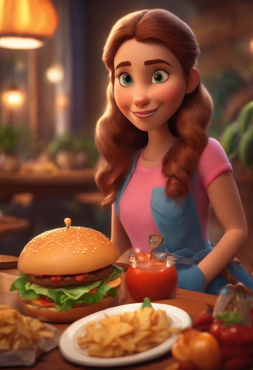 Make a Girl, She's hungry, como Disney Cartoon, She's eating hamburger, Pixar, ..3d, Disney