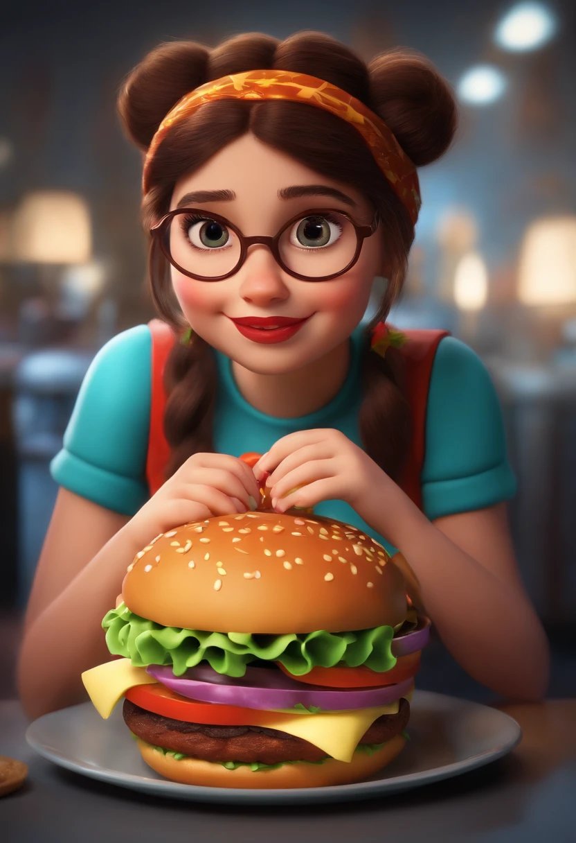 Make a Girl, She's hungry, como Disney Cartoon, She's eating hamburger, Pixar, ..3d, Disney