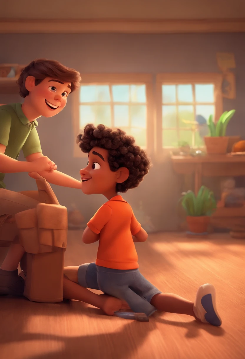 Image of a boy and a father for a story in a YouTube video in Pixar format, He's the little allabester, He's the class leader, He's outgoing, Playful and gets up for a lot of things, cabelo curto
