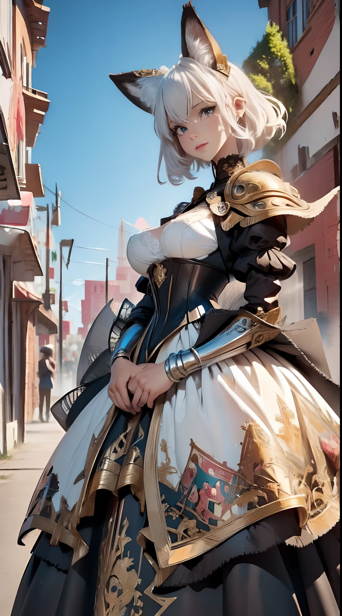 A nine-tailed mystical fox wearing a suit of medieval knight armor, standing on a ancient ruin, with a clear sky. Extremely beauty of fox race, 1girl, insanley detailed face and eyes, Perfect lips, very beautiful and feminine, big breast, ((white hair)), asymmetrical bangs, short hair, a purple eye, radiant eyes, fluffy tail, fluffy fox ears, a female fox race , (wearing a black and Victorian maid  armor, with accent light brown), intricate detailed armor, anime style, Shadow, character edge light, dramatic, cinematic lighting, fine expression, fine detail, masterpiece,  in the style of Yusuke Murata.