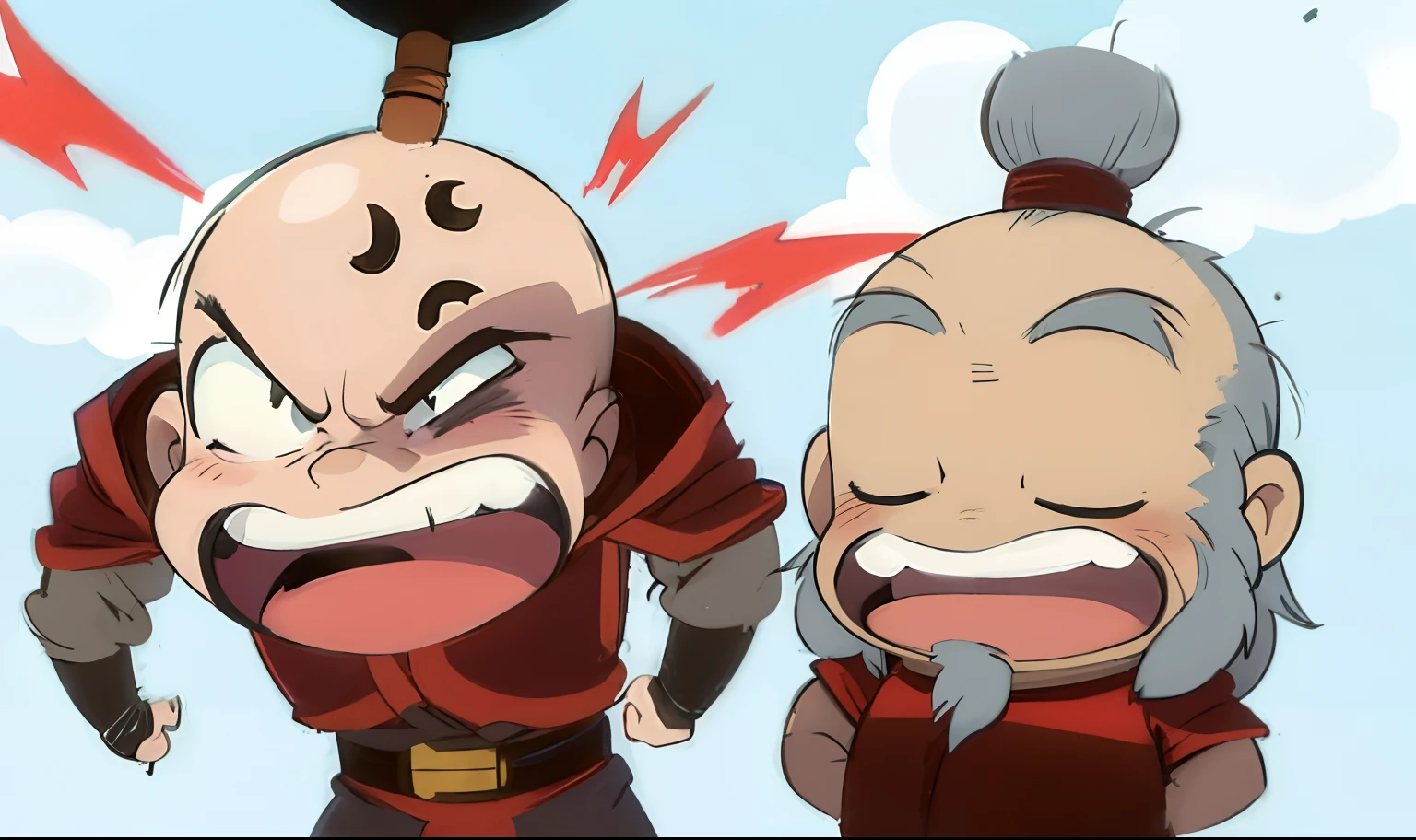 (Masterpiece), (Best Quality), Avatar the Last Airbender, (Prince Zuko looking up at something, terrified expression), chibi style, (((blank red background)))