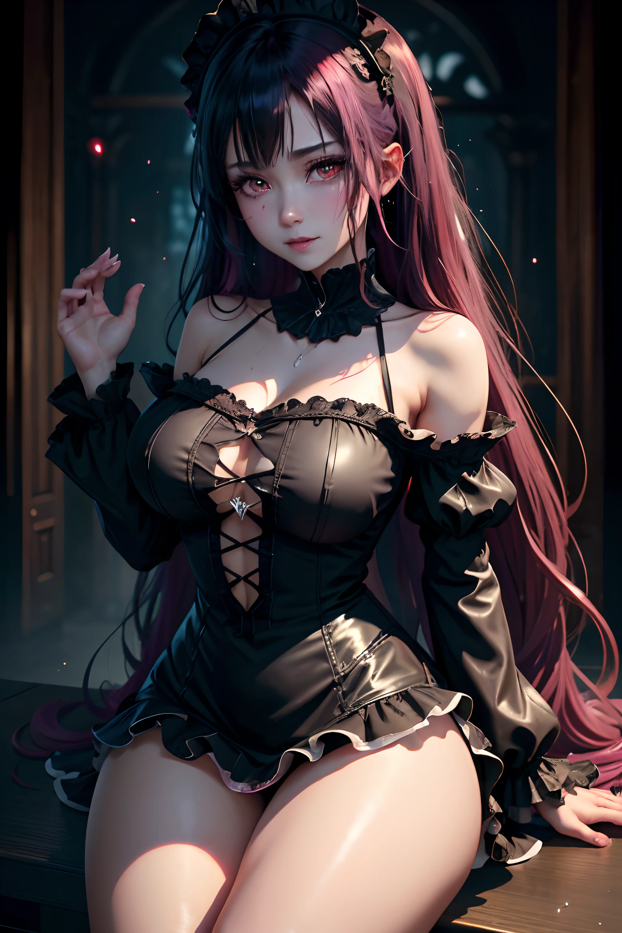 Hard Dark Gothic Makeup、Maniacal、Deep night sky、horor、Black Dark Eyeshadow、crying how bright、mourn、Good skin luster、Long hair straight hair、Dark Gothic Makeup、Dark smile、Restless Palace、Expressions of sexual arousal、Fragrant beauty、22year old、Lying、seductiv、Strong sexual pleasure facial expressions、A look of shame、Dark Gothic、Gothic ta、bell sleeves、Wizard Sleeve、Obscene look、Stained glass background、masutepiece、Best Quality、Refers to 5 books、Sweat glitters on my chest、Expression of sexual pleasure in anguish、Drunken face、maid clothes、Mysterious、noble、Face holding back the toilet、Flirty gothic lolithes、the body is wet and shiny、Transcendent sex appeal、sloppily open your legs、Glitter on thighs、I'm sweating a lot、Breast Size Medium、Affectionate smile、twin-tail hair、bright pink hair、The thighs are quite wet、Jet black ruffled mini skirt、Glamour、