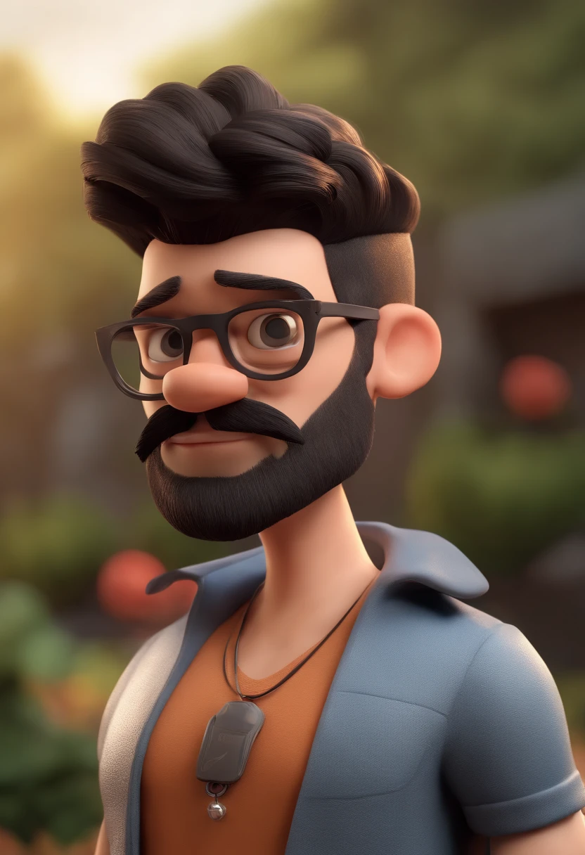 Cartoon character of a man with black glasses and a black polo shirt, cabelo liso, With beard and old school tattoo on his arm, animation character, Caractere estilizado, animation style rendering, 3D estilizado, Arnold Maya render, 3 d render stylized, toon render keyshot, Personagem 3D, Personagem 3D, 3d rendering stylized, 3 d character render, personagem de desenho animado, Personagem de close up, Pose de personagem, (Estilo Pixar) (master part:1.2) (Bokeh) (best quality) (pele detalhada) (textura detalhada) (8k) (argila) (Cinematic lighting) (foco nítido