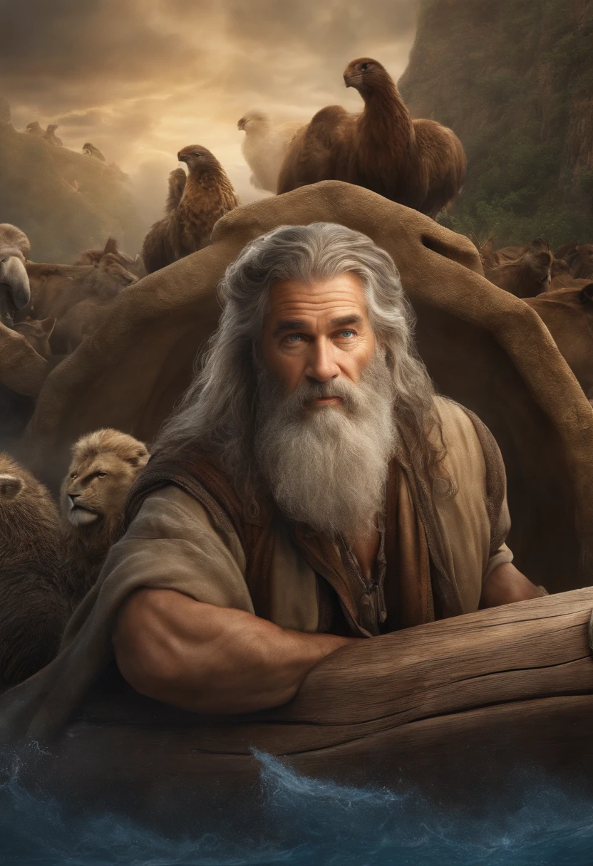 Very high quality, Striking details, super high resolution, (Fidelity: 1.4), the best illustration, Favor details, Noah style man and his ark, with an aged face and long hair, blue eyes.