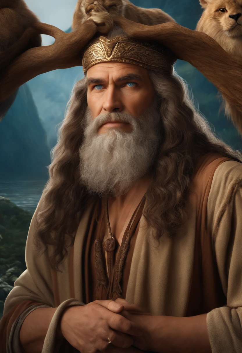 Very high quality, Striking details, super high resolution, (Fidelity: 1.4), the best illustration, Favor details, Noah style man and his ark, with an aged face and long hair, blue eyes.