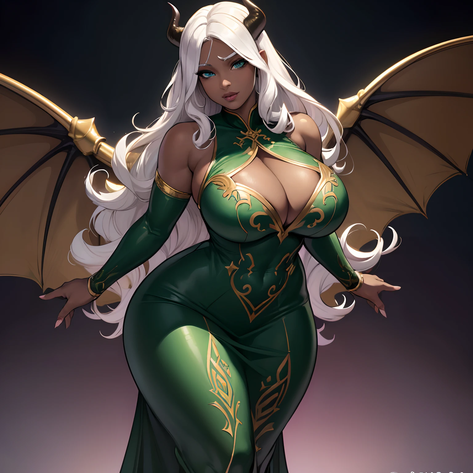 (best quality,4k,highres),ultra-detailed,(realistic:1.37),dark fantasy,chaotic,ethereal,powerful, vibrant colors, intense lighting, dramatic shadows, (HDR), (UHD), (studio lighting), (extreme detail description), (physically-based rendering), (bokeh), portraits

Thicc ebony skinned female, curvy, busty, showing cleavage, (extremely detailed eyes and face), long eyelashes, (beautiful detailed eyes), (beautiful detailed lips), succubus, long wavy white hair, wearing green embroidered gold gilded dress, large demon wings, showing full body