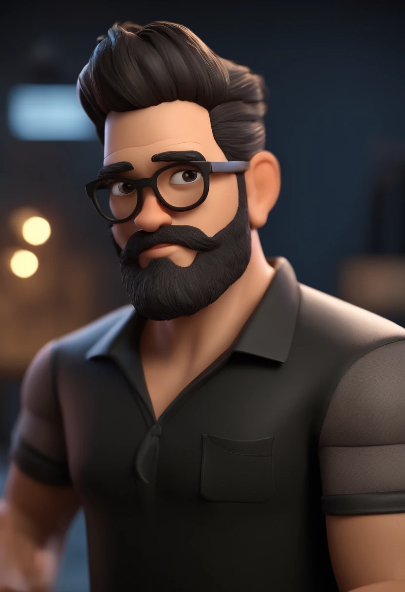 Cartoon character of a man with black glasses and a black polo shirt, cabelo liso, With beard and old school tattoo on his arm, animation character, Caractere estilizado, animation style rendering, 3D estilizado, Arnold Maya render, 3 d render stylized, toon render keyshot, Personagem 3D, Personagem 3D, 3d rendering stylized, 3 d character render, personagem de desenho animado, Personagem de close up, Pose de personagem,  (Estilo Pixar) (master part:1.2) (Bokeh) (best quality) (pele detalhada) (textura detalhada) (8k) (argila) (Cinematic lighting) (foco nítido