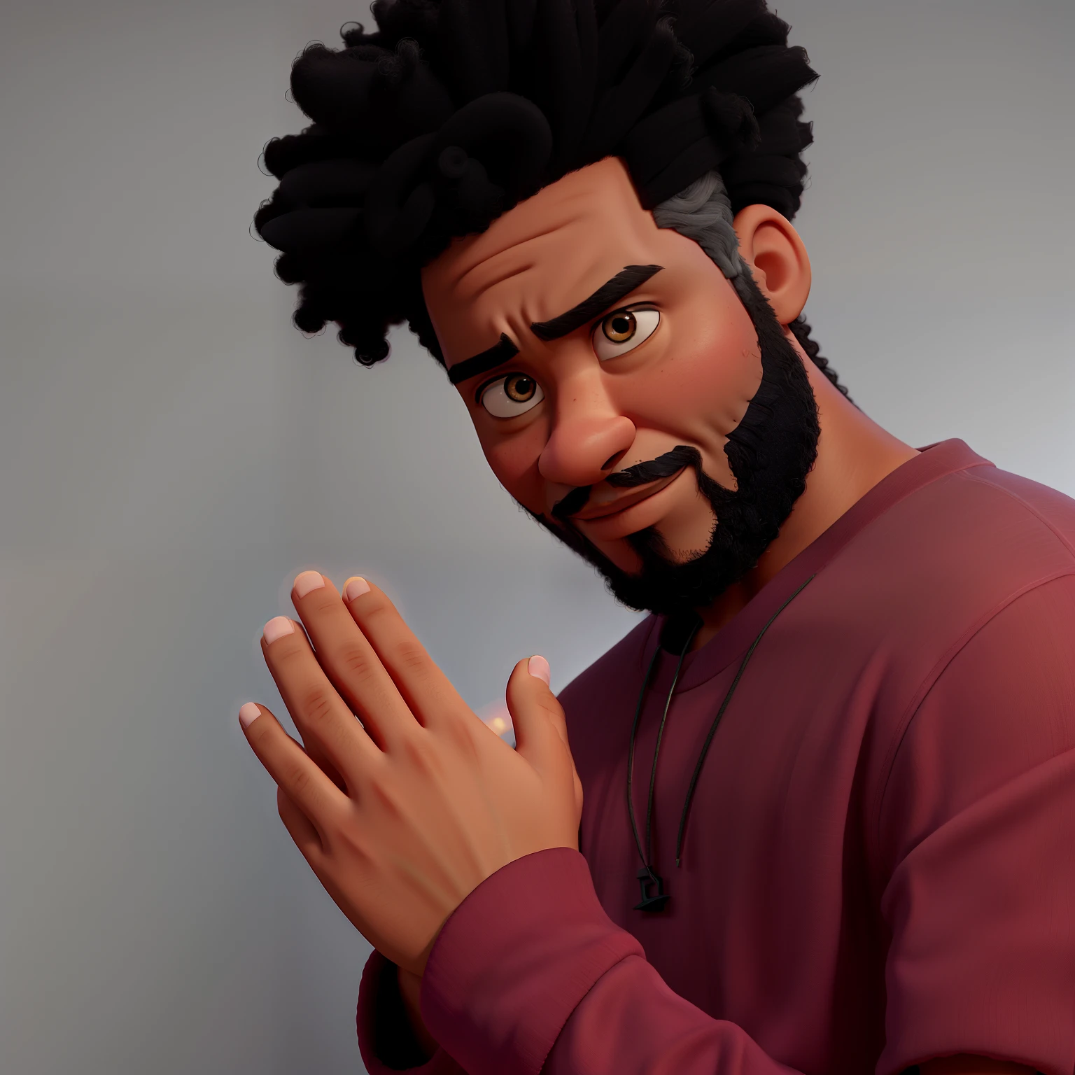 (alta qualidade,Realistic),homem negro com afro raspado ao lado, com barba cheia de pele jovem no estilo Disney Pixar, with the palms of the hand together as a sign of prayer,profissional,retrato,vivid colors,studio lighting,foco nítido,Physically-based rendering,Tons coloridos,soft lighting,HDR