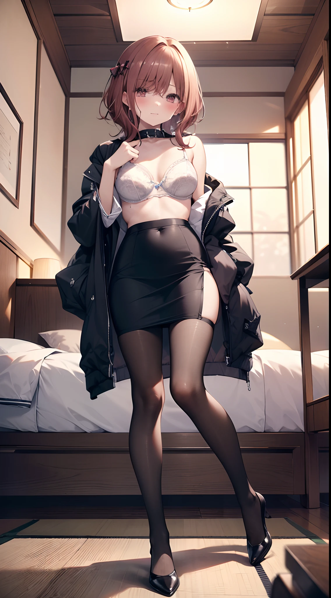 Higuchi Madoka、A -yeld gifrom Japan with a slender body、独奏、Full body view from head to toe、small tits、Brown hair、long disheveled hair、blushing look、Puzzled look、Excited look、Sweating、Upward expression、Composition from the front、Black pantyhose、(Black_pantyhose):1.2)、black pantyhose，cleanness，stockings，blackstockings、tiptoes、White fancy underwear、(white  panties:1.3)、(White bra:1.3)、No shoes、Black High Heels、Pose with both hands stretched out toward the ceiling、shackle、shibari、ropes、Bind、japanese hight school uniform、Plaid pleated skirt、White open collar shirt、Suit、pencil skirts、Bedrooms、inside in room、during daytime