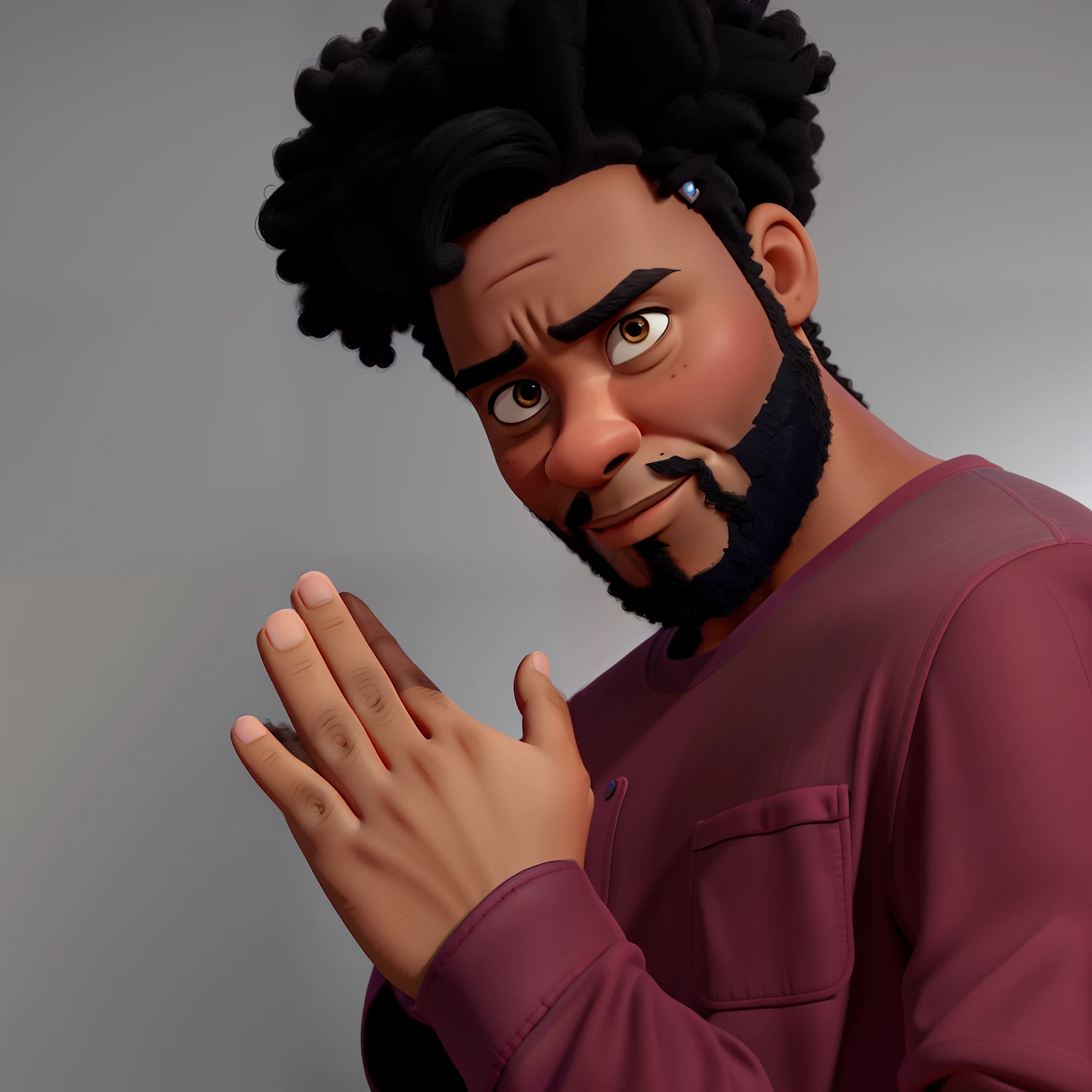 (alta qualidade,Realistic),homem negro com afro raspado ao lado, com barba cheia de pele jovem e lisa no estilo Disney Pixar, with her hands together, profissional,retrato,vivid colors,studio lighting,foco nítido,Physically-based rendering,Tons coloridos,soft lighting,HDR