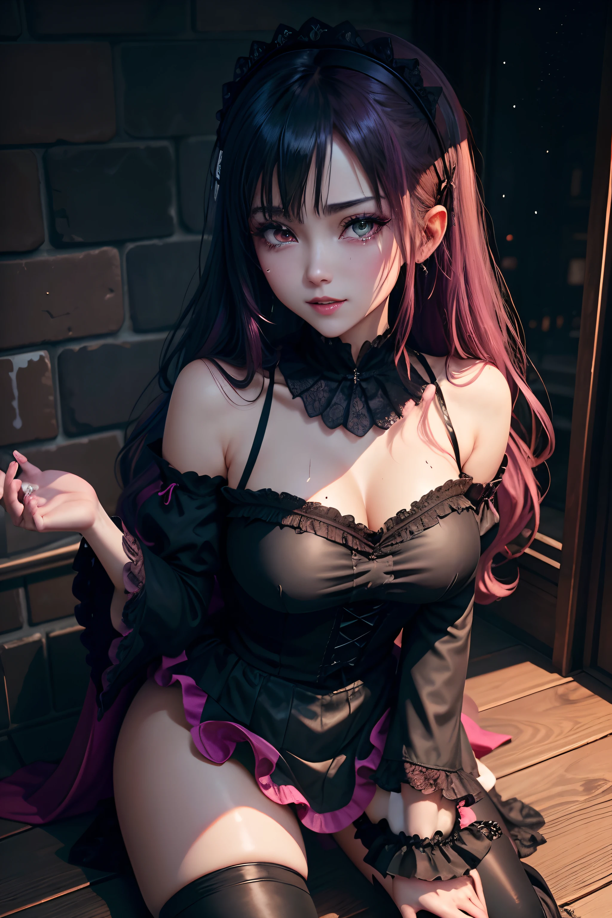 Hard Dark Gothic Makeup、Maniacal、Deep night sky、horor、Black Dark Eyeshadow、crying how bright、mourn、Good skin luster、Long hair straight hair、Dark Gothic Makeup、Dark smile、Restless Palace、Expressions of sexual arousal、Fragrant beauty、22year old、Lying、seductiv、Strong sexual pleasure facial expressions、A look of shame、Dark Gothic、Gothic ta、bell sleeves、Wizard Sleeve、Obscene look、Stained glass background、masutepiece、Best Quality、Refers to 5 books、Sweat glitters on my chest、Expression of sexual pleasure in anguish、Drunken face、maid clothes、Mysterious、noble、Face holding back the toilet、Flirty gothic lolithes、the body is wet and shiny、Transcendent sex appeal、sloppily open your legs、Glitter on thighs、I'm sweating a lot、Breast Size Medium、Affectionate smile、twin-tail hair、bright pink hair、The thighs are quite wet、Jet black ruffled mini skirt、Glamour、